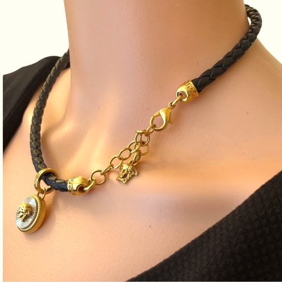 Versace Unisex Medusa Logo Gold tone Nickel Free Braided Leather Necklace - Picture 8 of 17